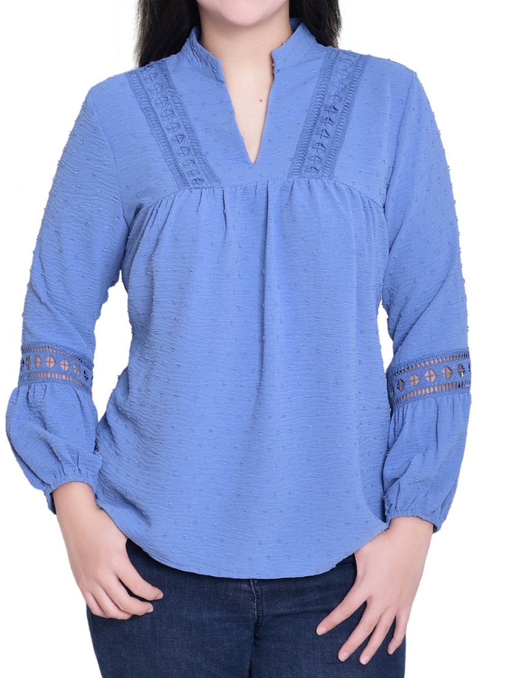 NY Collection Blue Textured V-Neck Peasant Tunic - Size S